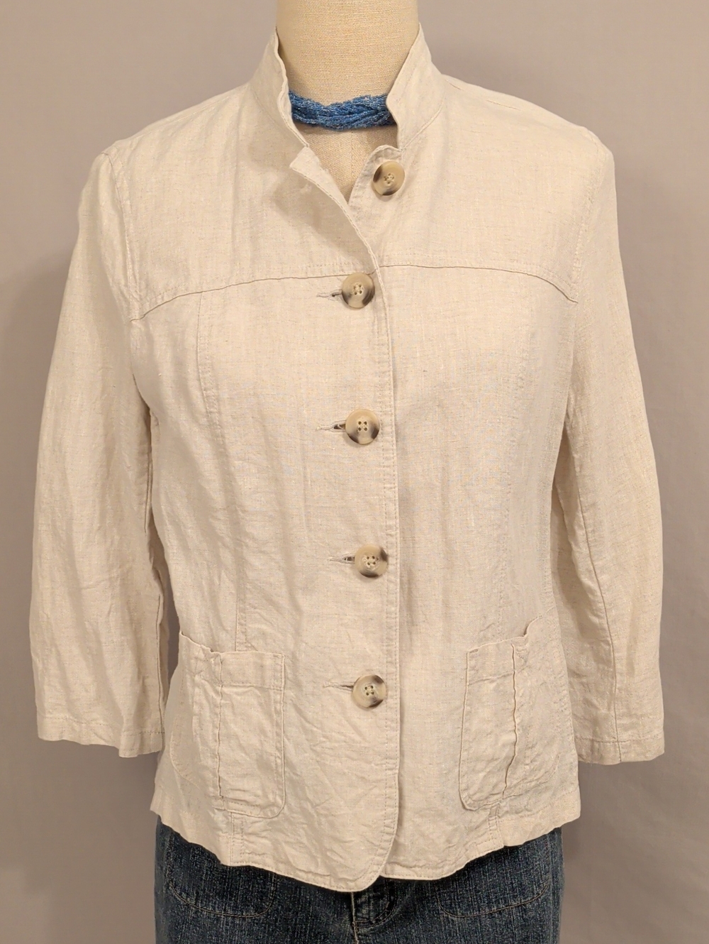 100% Linen Natural Neutral Band Collar Button Blazer Jacket Casual w/ Pockets